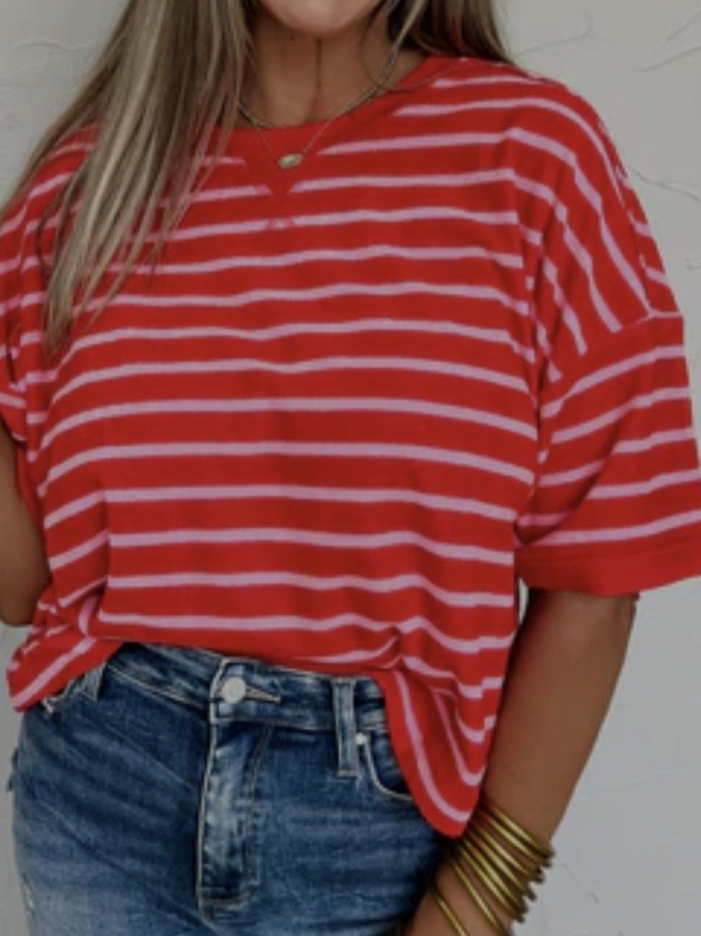 Red & White Striped Women's Tee - Casual Crewneck Top